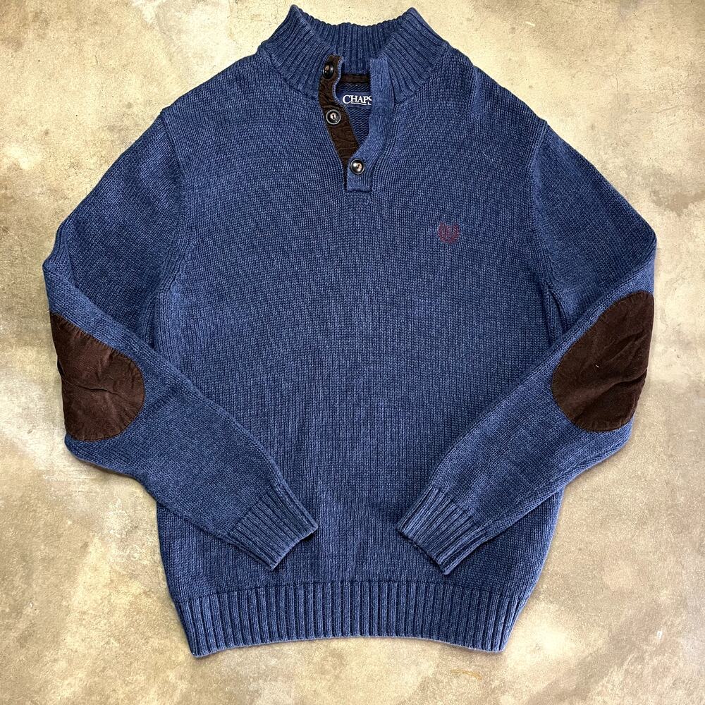 Chaps Mock Neck Sweater Men's L Blue W Corduroy Elbow Patches